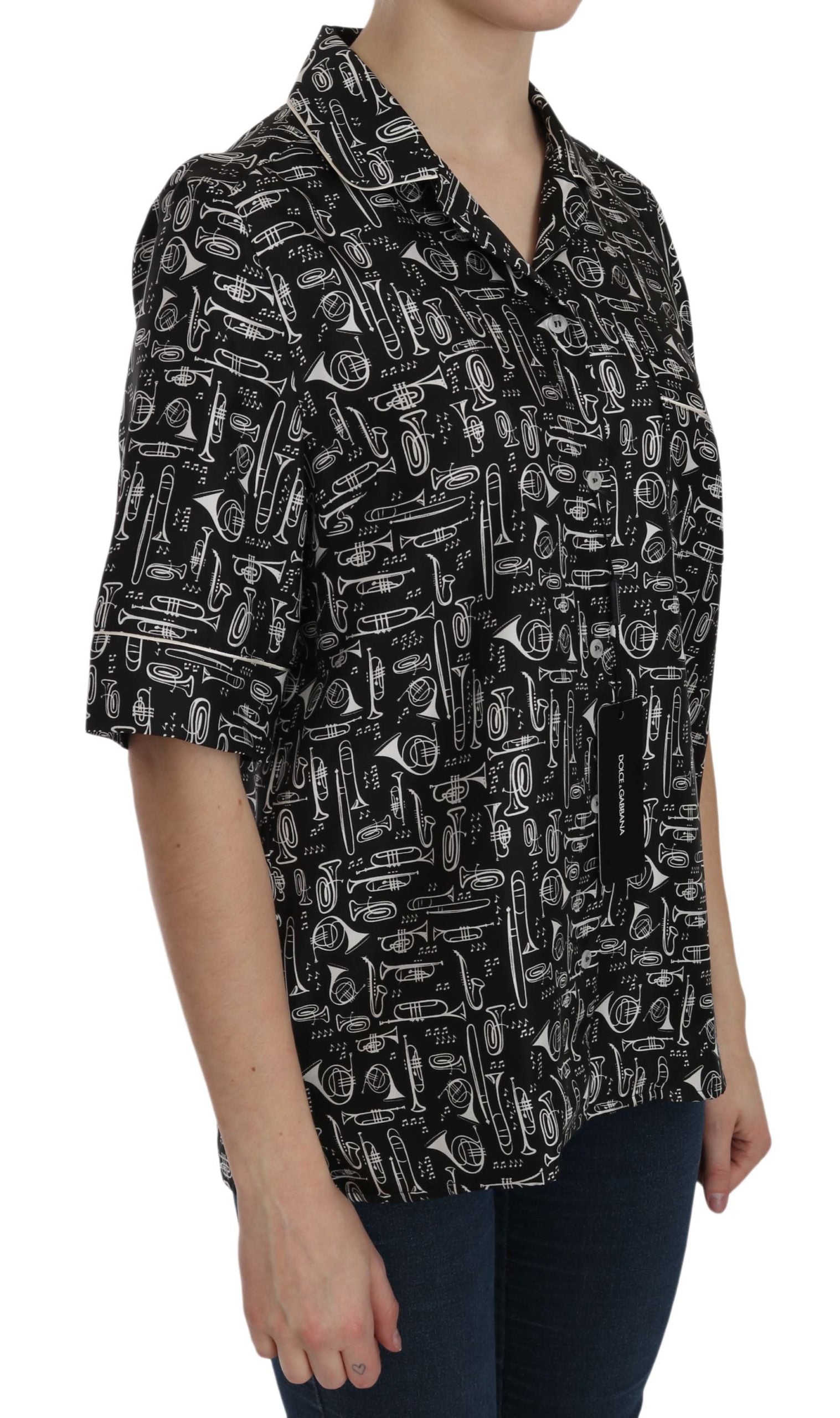 Black Musical Instrument Print Silk Top