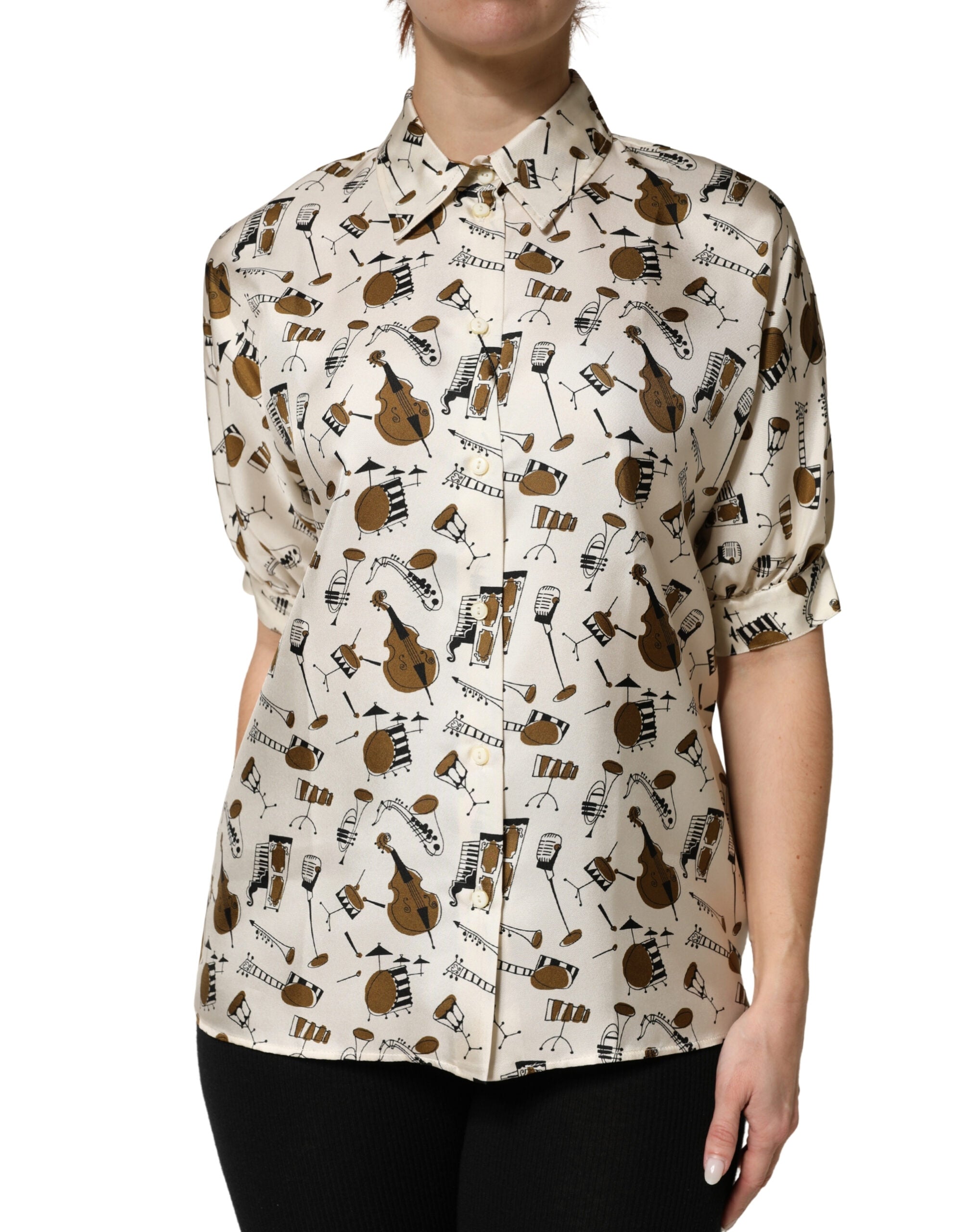 Beige Musical Instrument Print Short Sleeve Top