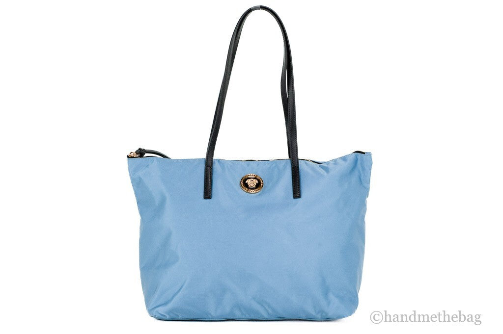 Versace Portuna Medusa Medium Cornflower Blue Nylon Leather Tote Bag Purse