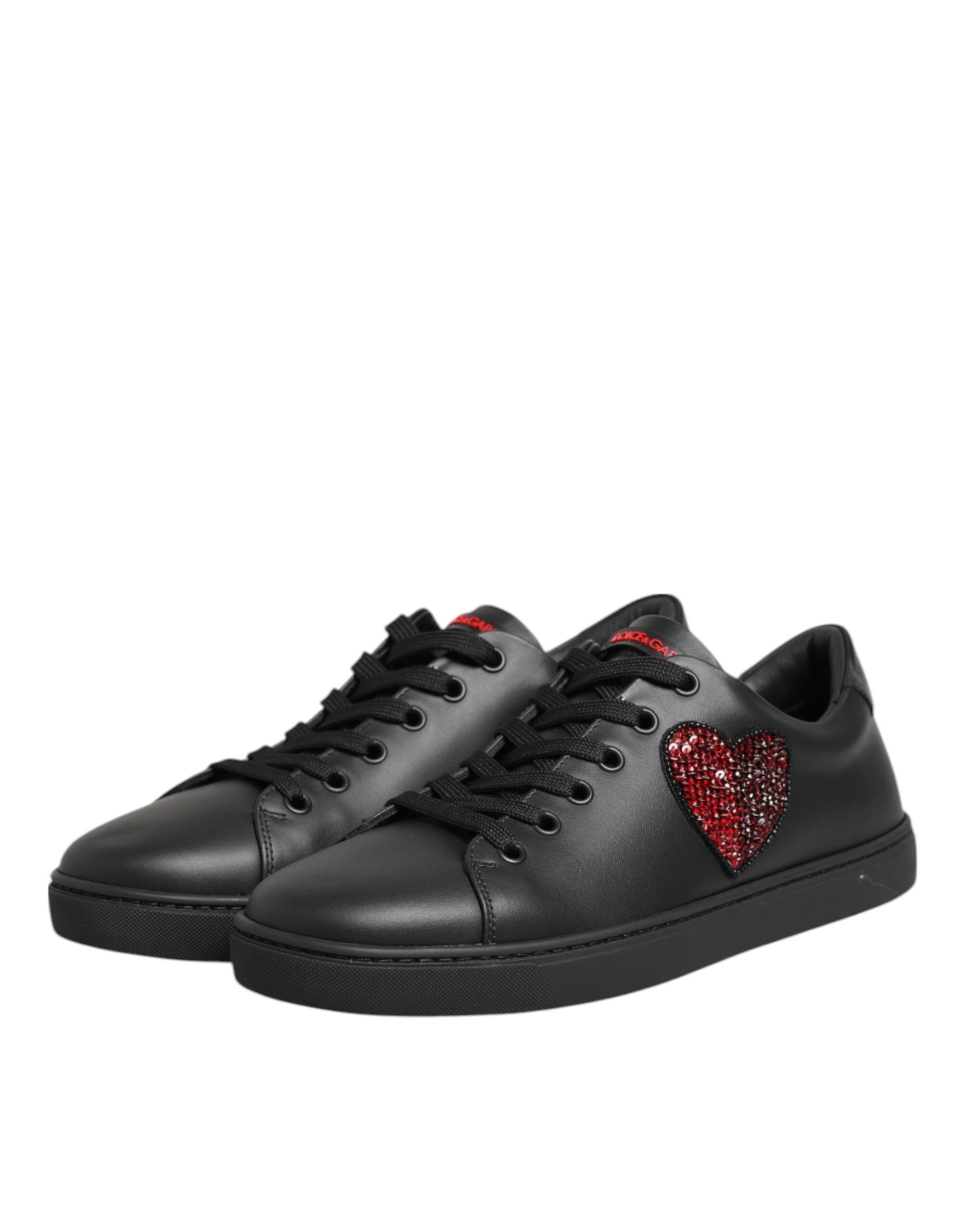 Black Leather Crystal Heart Low Top Sneakers Shoes