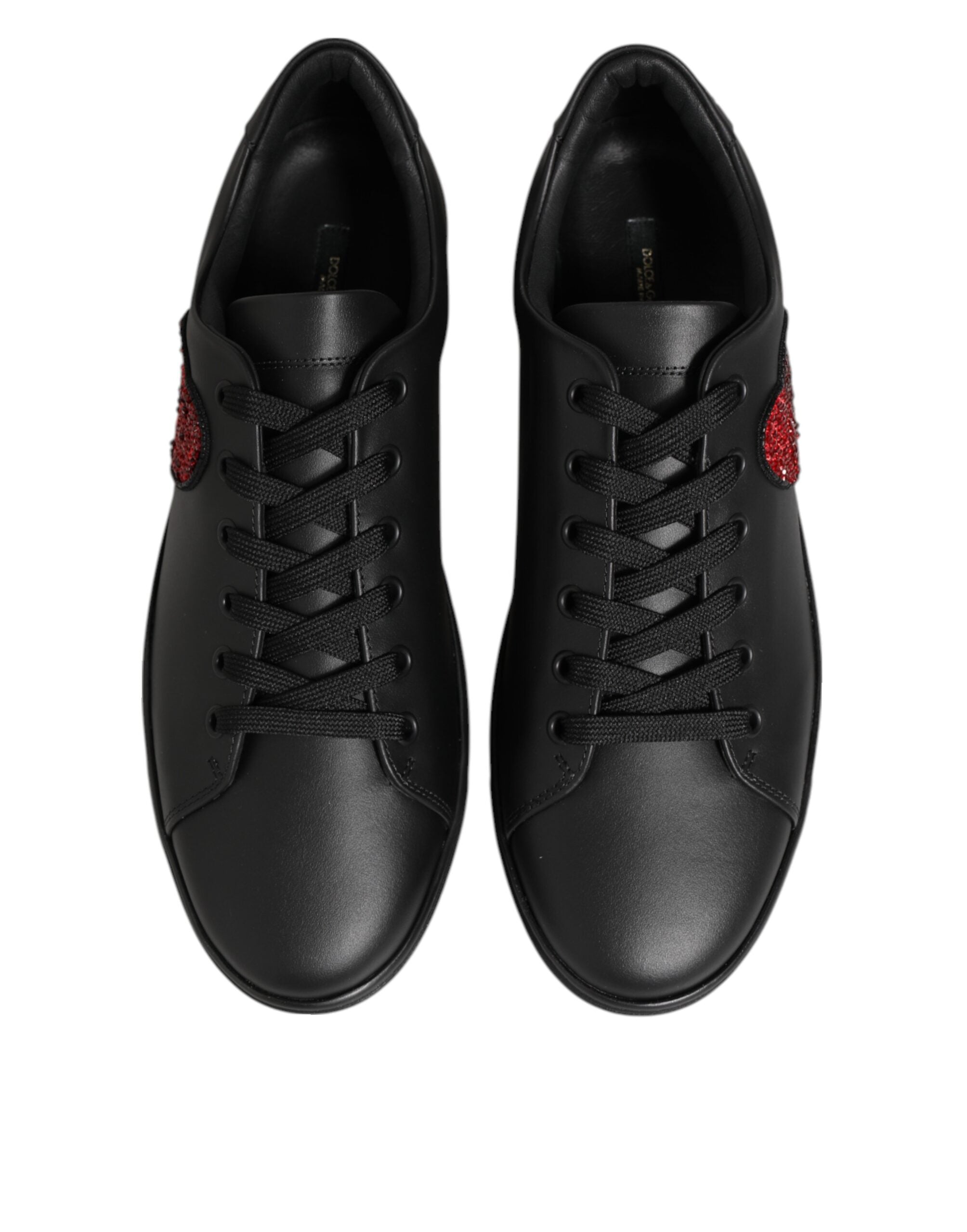 Black Leather Crystal Heart Sneakers Shoes