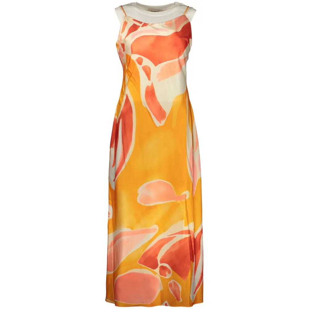 Vibrant Desigual orange polyester long dress with abstract tangerine and cream wave pattern, thin straps.