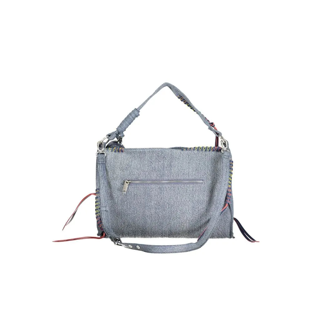 Azzurro denim cotton women's handbag with colorful braided side details, a zippered back pocket, and adjustable shoulder strap.