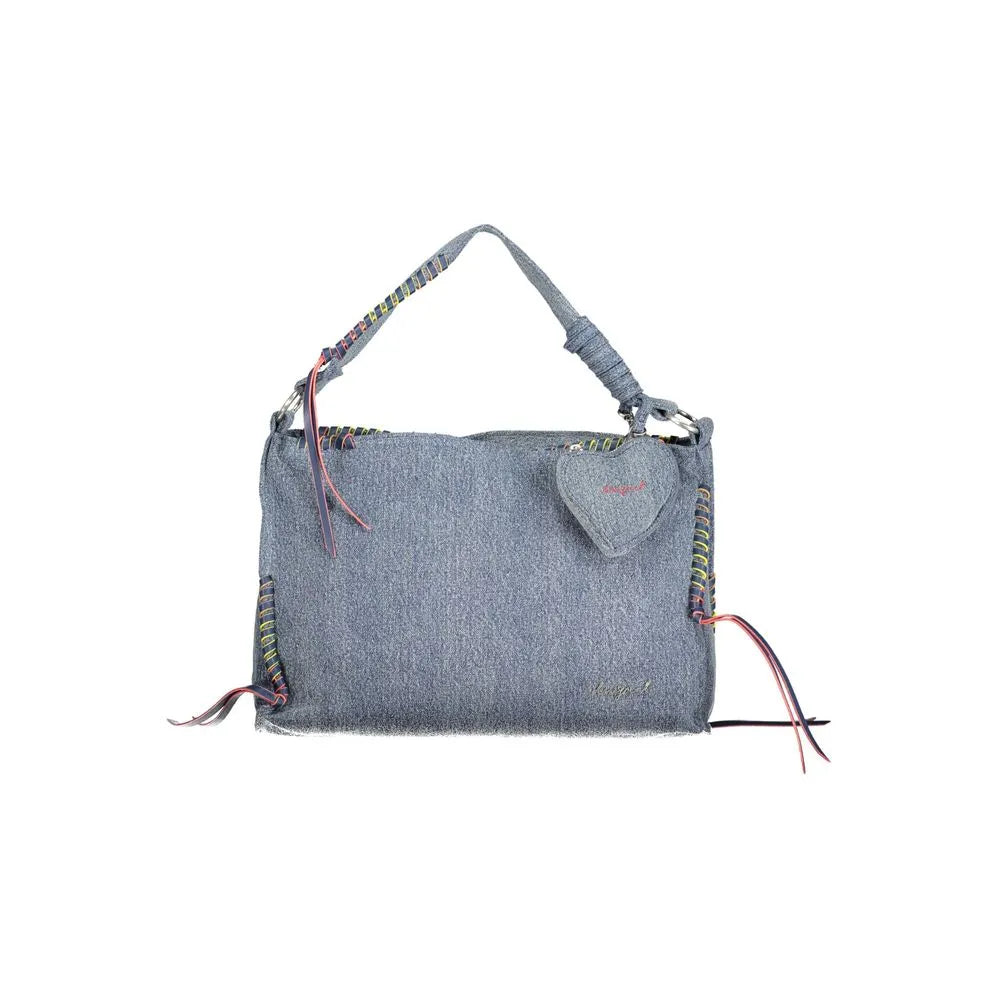 Azzurro cotton denim handbag with colorful side lacing, a braided handle, and a heart coin purse.