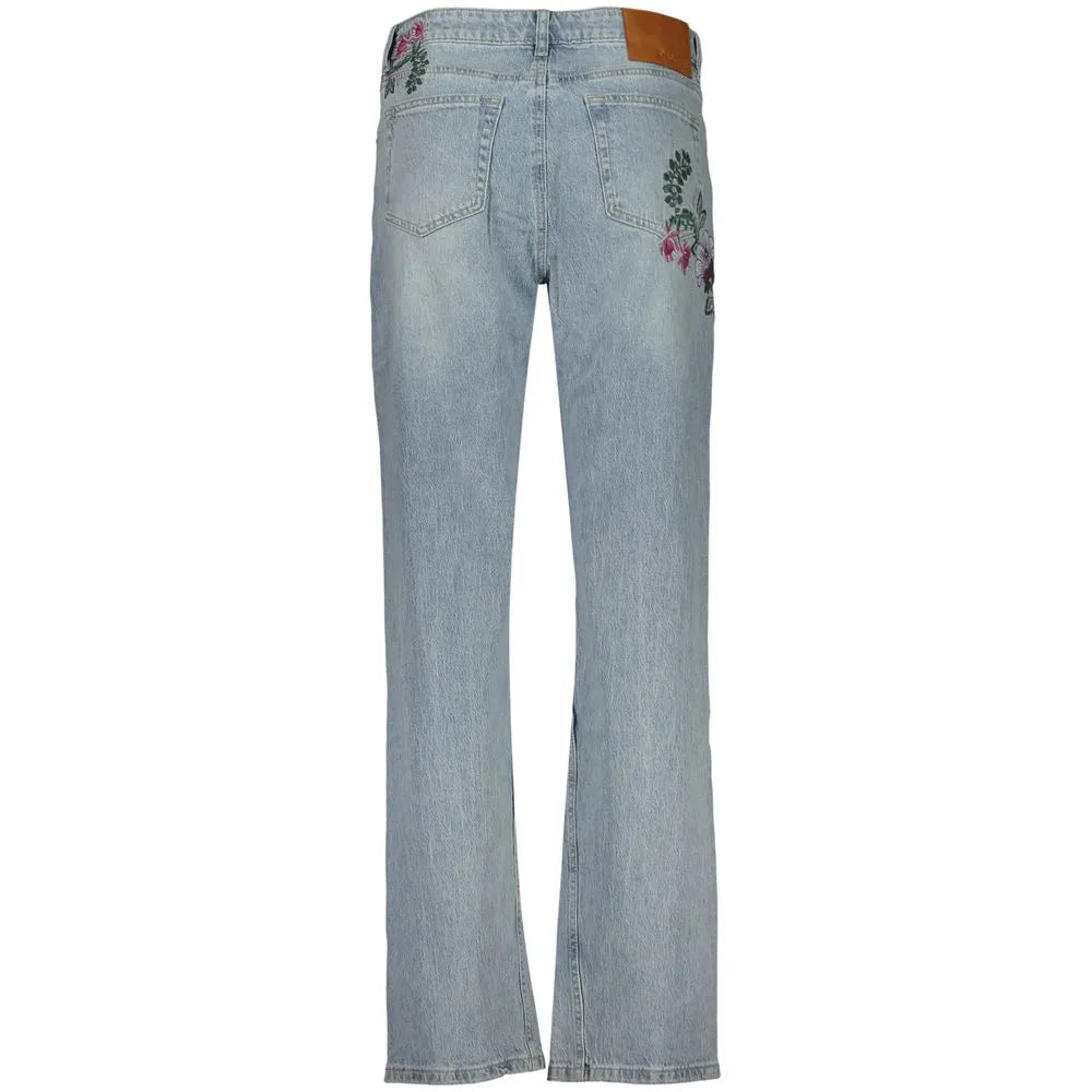 DESIGUAL Azzurro women's cotton jeans, back view, with vibrant floral embroidery on the upper right.