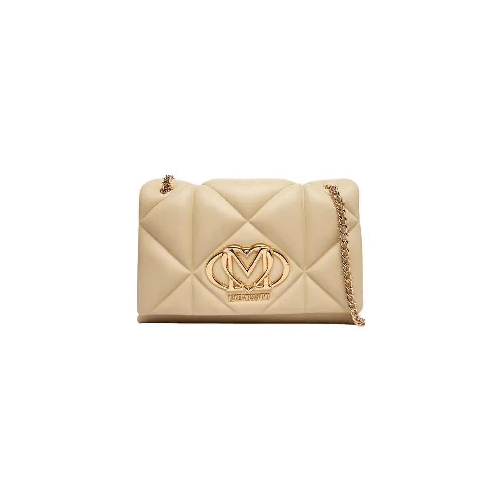 Beige Love Moschino faux leather handbag with geometric quilting, gold chain strap, and gold heart-shaped M logo.