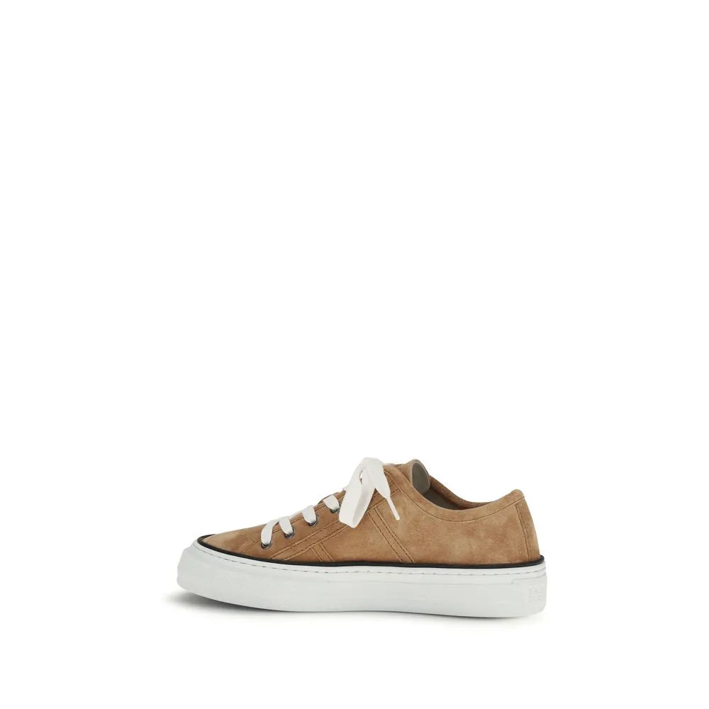Beige calf leather suede low-top sneakers with white laces and white rubber sole with black stripe.