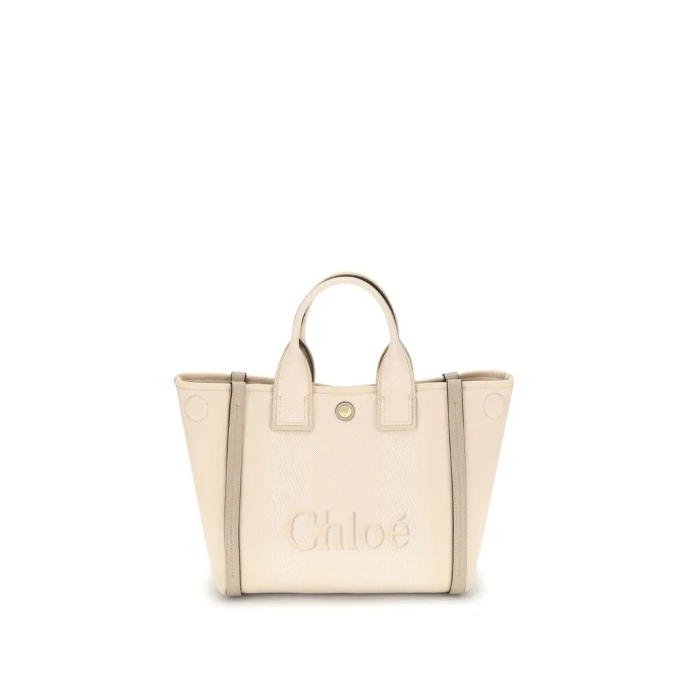 Chloé beige cotton canvas tote bag with contrasting light grey leather trim, double handles, and embossed logo.