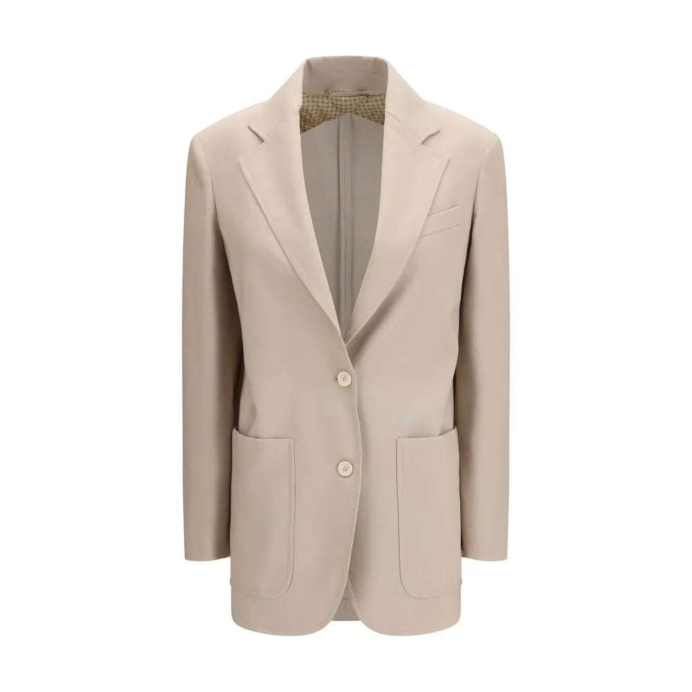 Beige single-breasted fleece wool blazer with notched lapels and two front patch pockets.