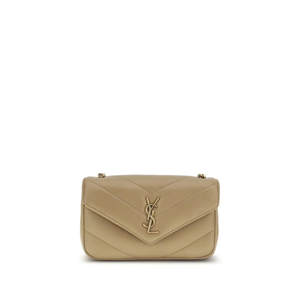 Beige Saint Laurent Lou Lou lambskin shoulder bag with chevron quilting, gold YSL logo, and chain strap.