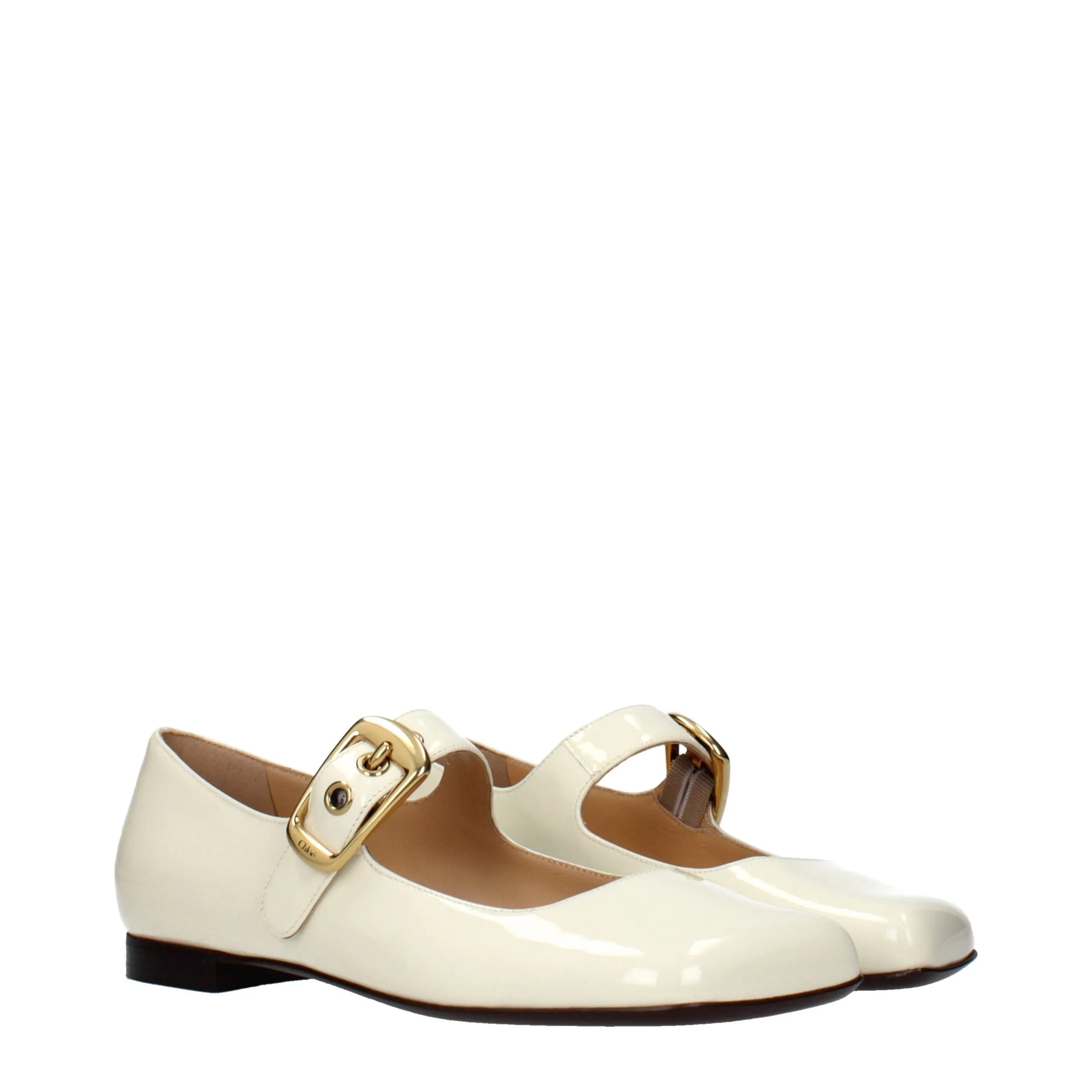 Chloé beige patent leather ballet flats with gold buckle Mary Jane strap and side logo.