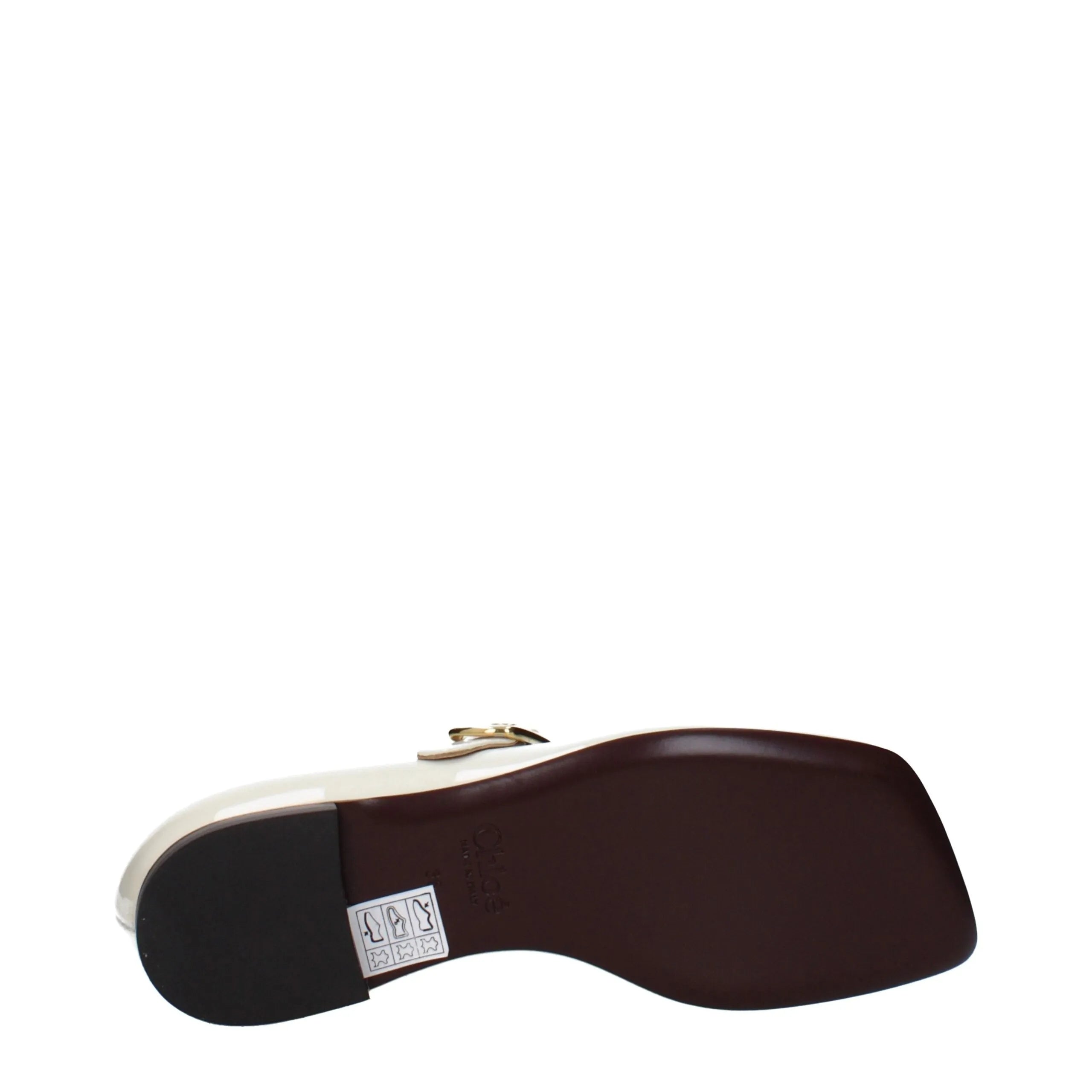 Beige patent leather Chloé ballet flats, featuring dark brown sole with embossed logo and gold buckle detail.