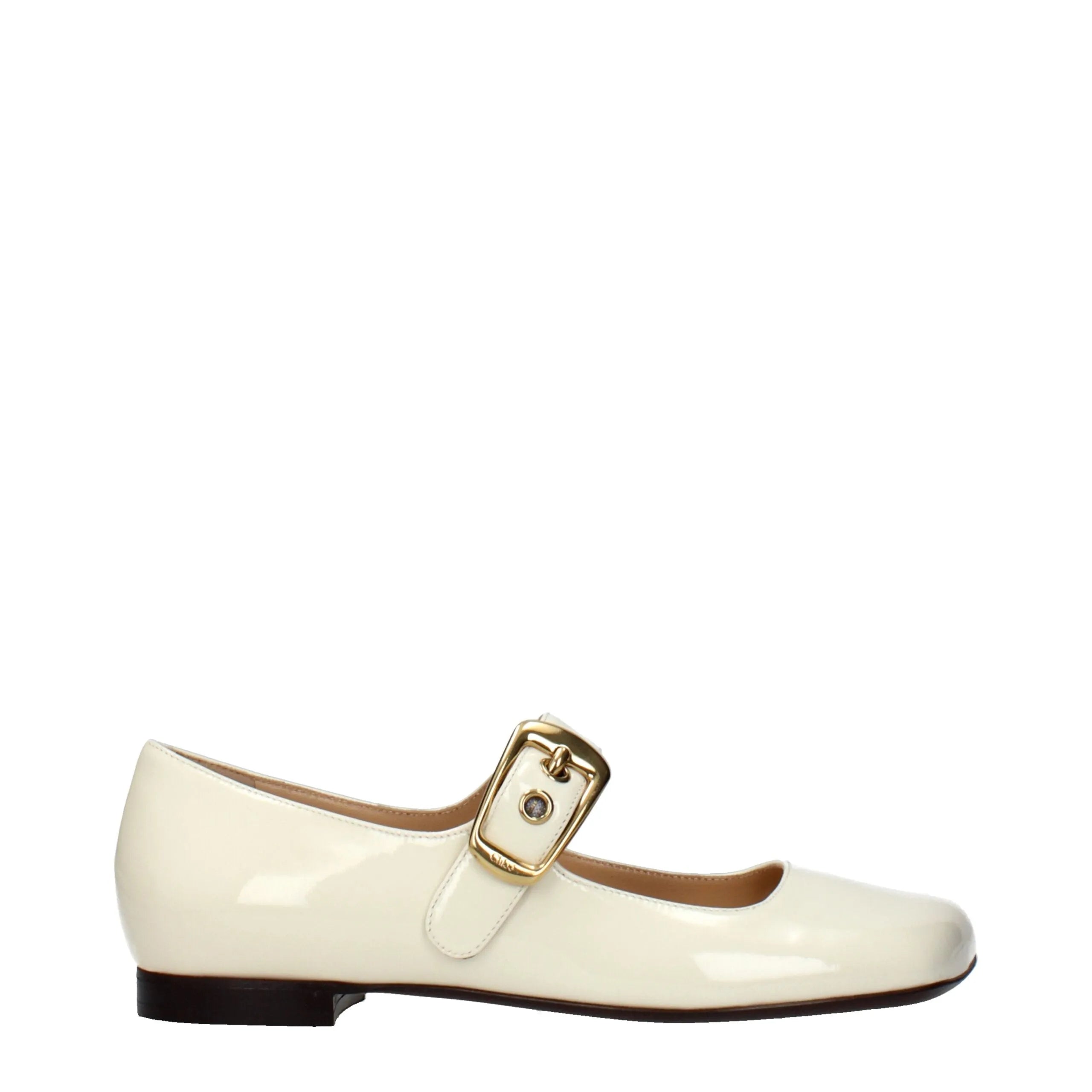 Chloé beige patent leather Mary Jane ballet flat with a gold buckle strap.