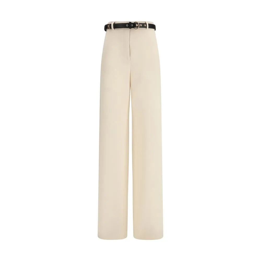 Elegant ivory wide-leg triacetate dress pants with high waist and black leather belt.