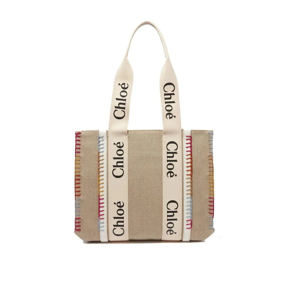 Beige recycled wool tote bag with cream Chloé logo handles and multi-colored blanket-stitched sides.
