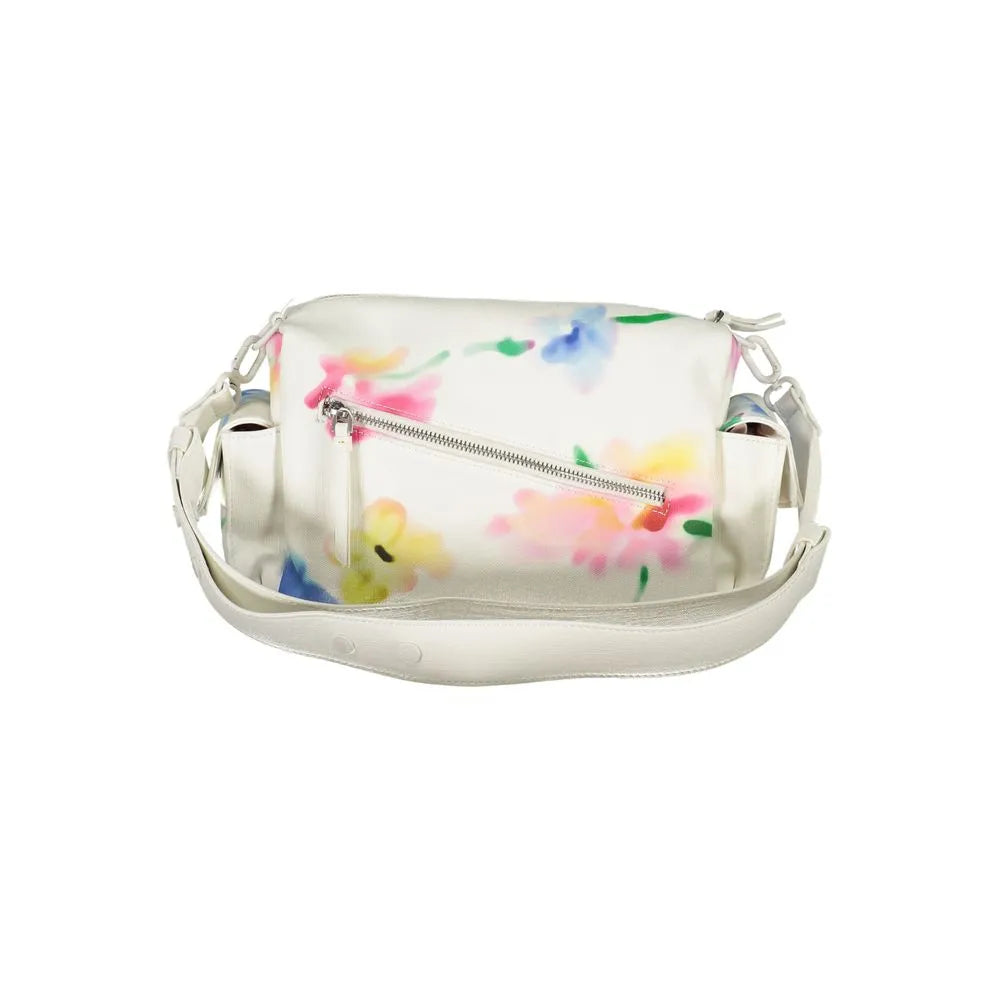 White poliuretano shoulder bag with vibrant floral print, front zip pocket, and side compartments.