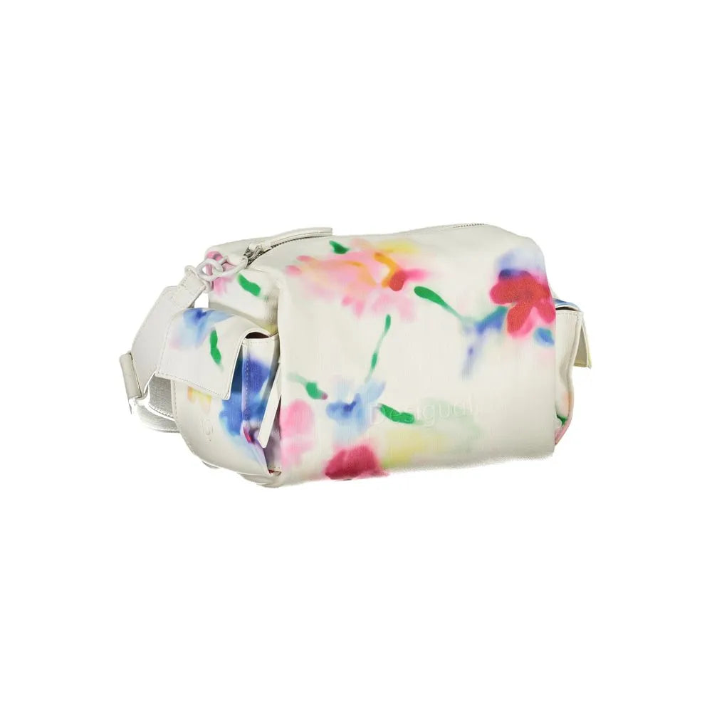 Desigual Bianco polyurethane women's shoulder bag with vibrant floral print and side pockets.