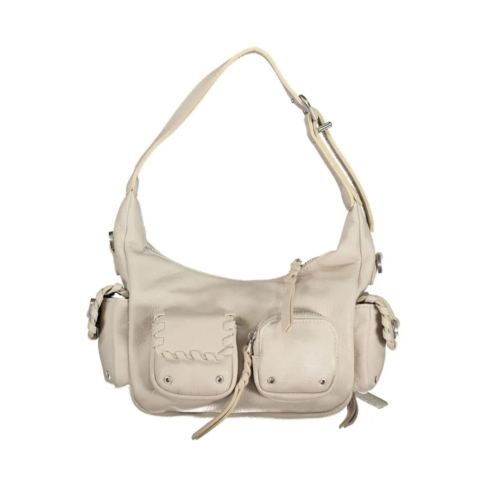 Off-white poliuretano women's shoulder bag with multiple external pockets, decorative stitching, and adjustable strap.