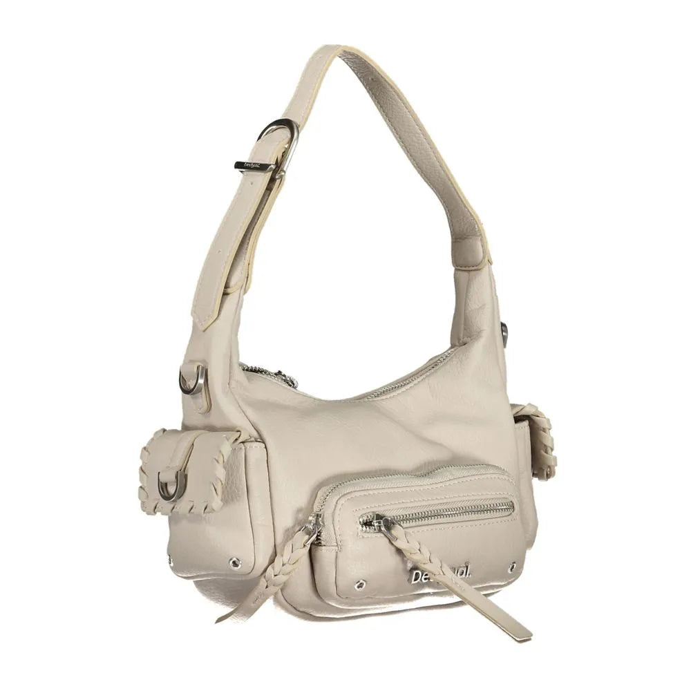 Bianco Desigual women's poliuretano handbag with external zip and flap pockets, braided accents, and an adjustable shoulder strap.