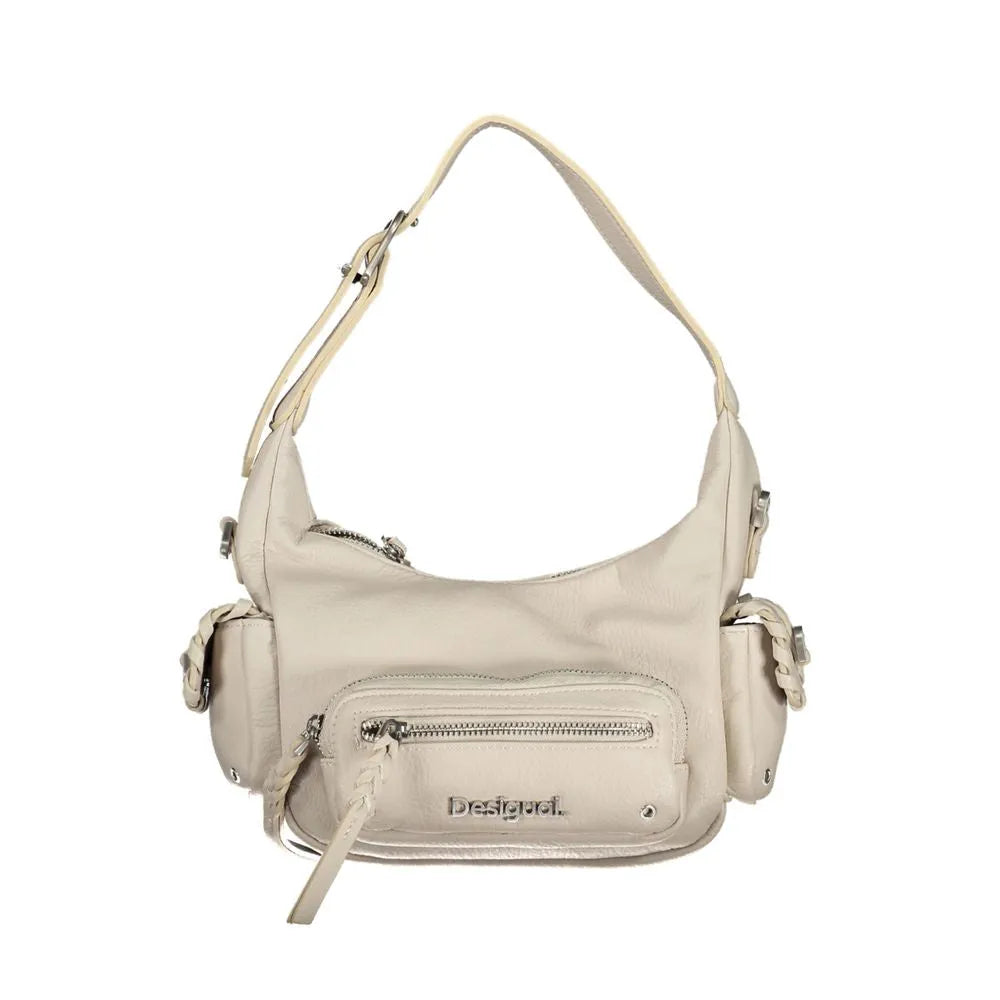 Desigual women's light beige polyurethane hobo bag with front and side zip pockets, adjustable strap.