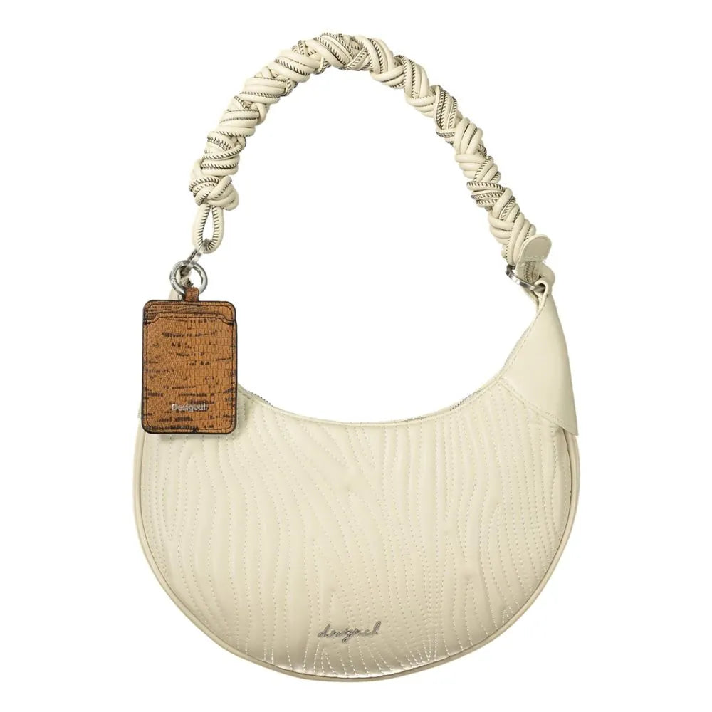 White Desigual poliuretano women's crescent handbag with braided handle, wavy quilted design, and charm.
