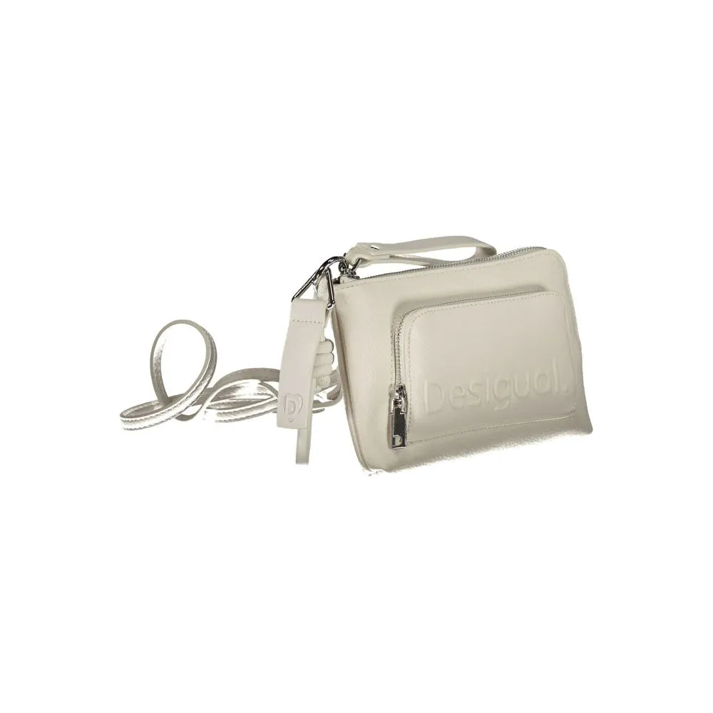 Bianco Desigual women's polyurethane shoulder bag with embossed logo, front zip pocket, long strap, and zip pull.