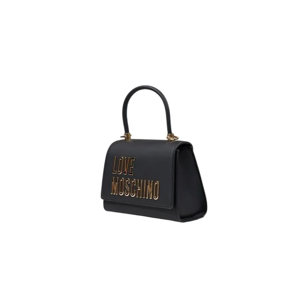 Black Love Moschino small structured polyurethane handbag with gold logo and rigid top handle.