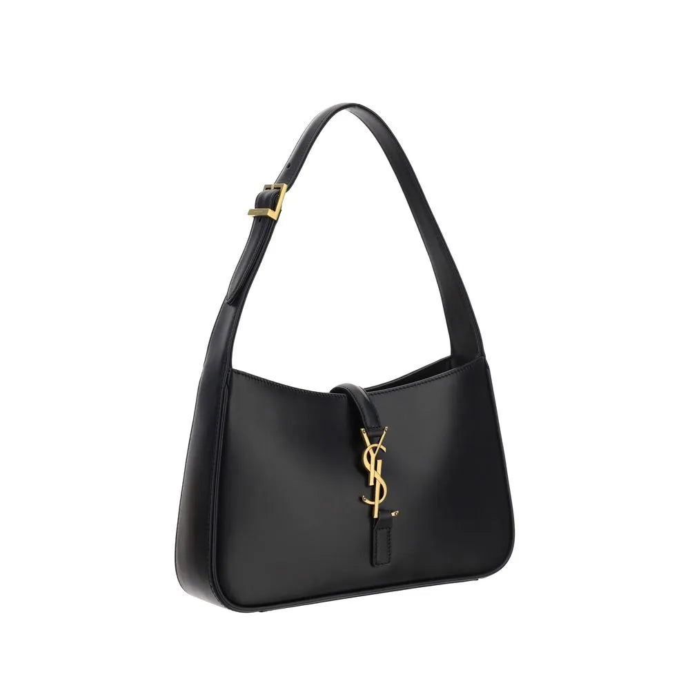 Black smooth calf leather Saint Laurent Hobo bag with adjustable top handle and iconic gold YSL hook closure.