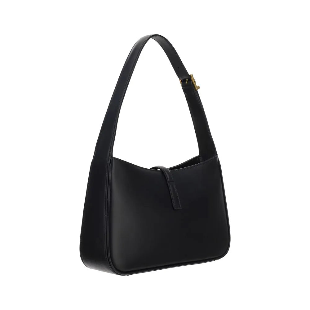 Elegant black calf leather Saint Laurent hobo shoulder bag with adjustable top handle, gold-tone buckle, and interlocking front closure.