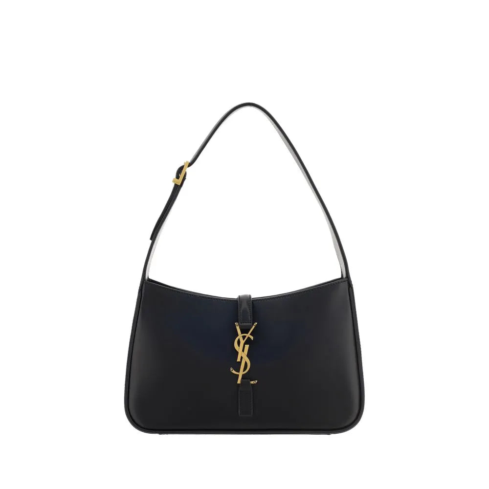 Saint Laurent black smooth calf leather shoulder bag with adjustable strap and gold YSL hook closure.