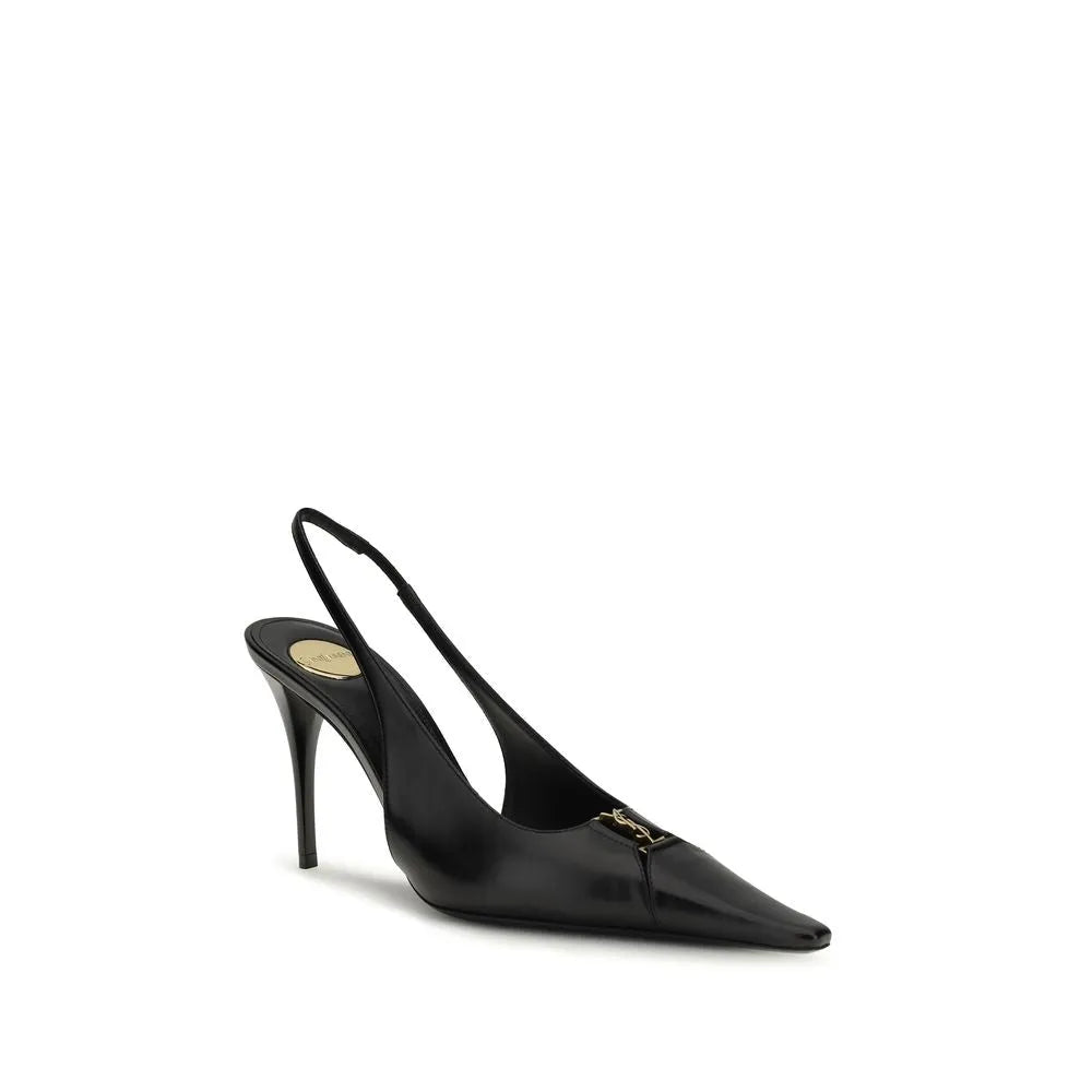 Elegant black calf leather Saint Laurent slingback pump with pointed toe, gold YSL monogram, and stiletto heel.