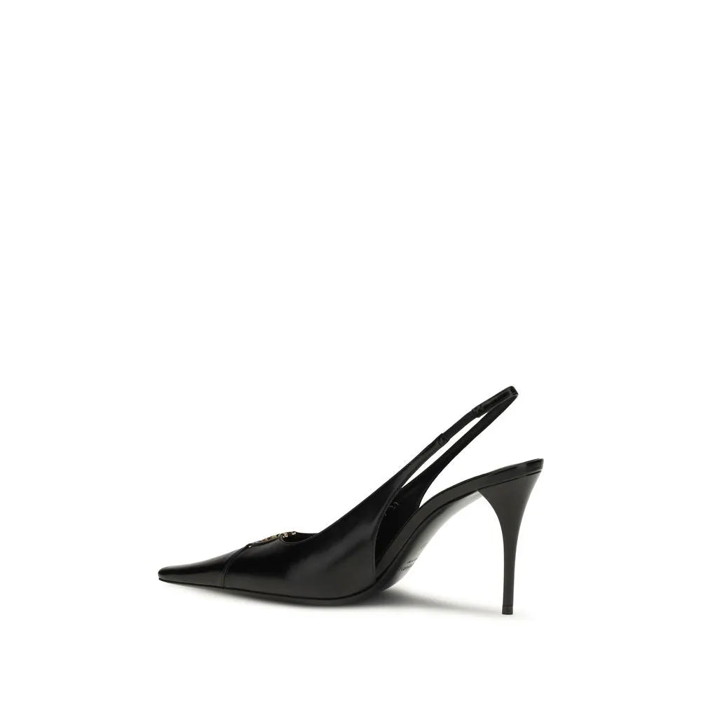Black calf leather Saint Laurent Babylon slingback pumps with pointed toe, stiletto heel, and gold YSL monogram.