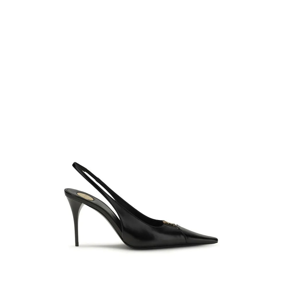 Elegant black calf leather Saint Laurent slingback pump with pointed toe, stiletto heel, and gold Monogram detail.