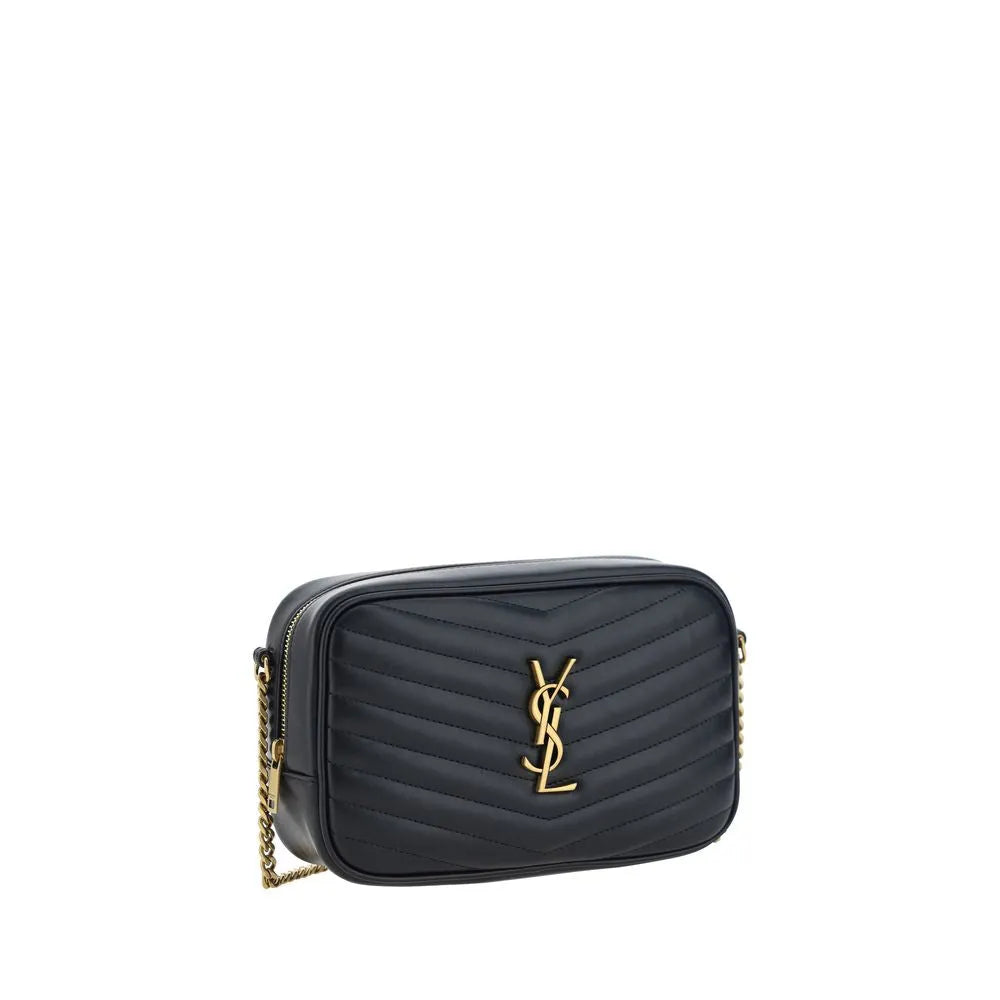 Black calf leather Saint Laurent Lou shoulder bag with chevron quilting, gold YSL logo, and chain strap.
