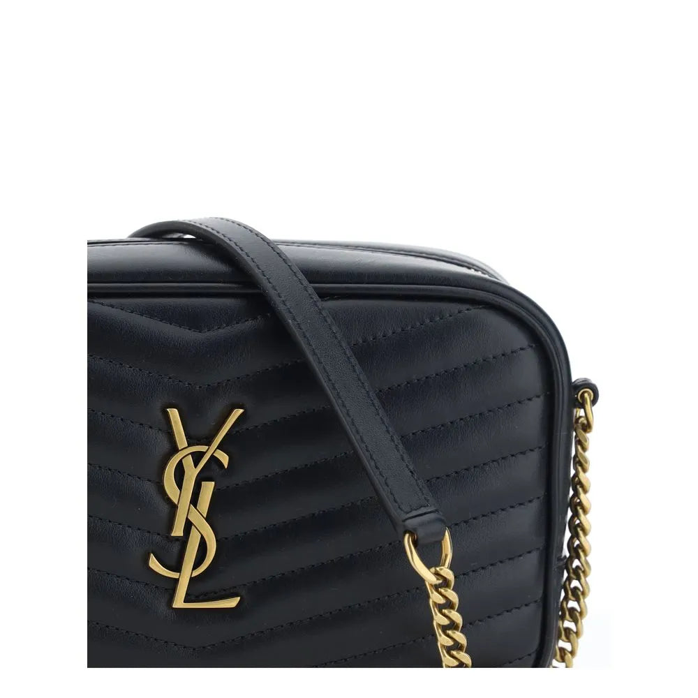 Black calf leather Saint Laurent Lou shoulder bag with chevron quilting, gold YSL logo, and chain strap.