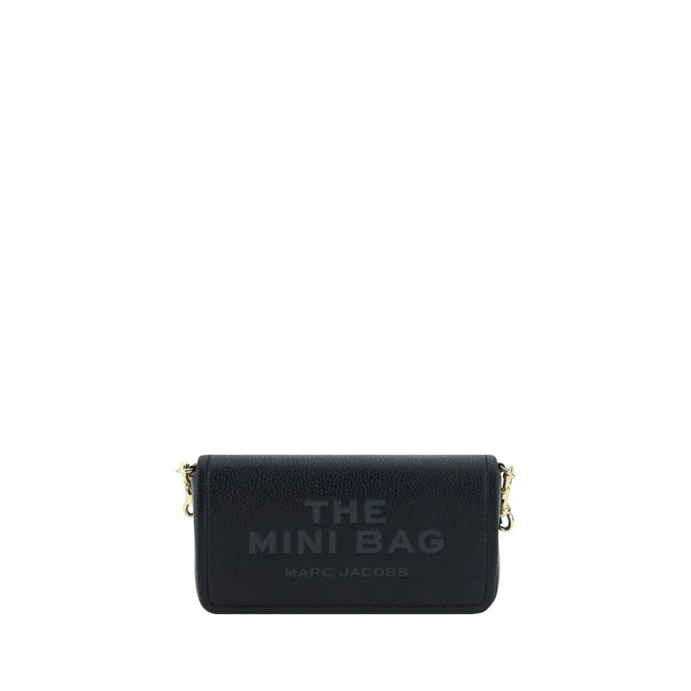 Black grained calf leather Marc Jacobs "The Mini Bag" shoulder bag with press-stamped text and gold hardware.