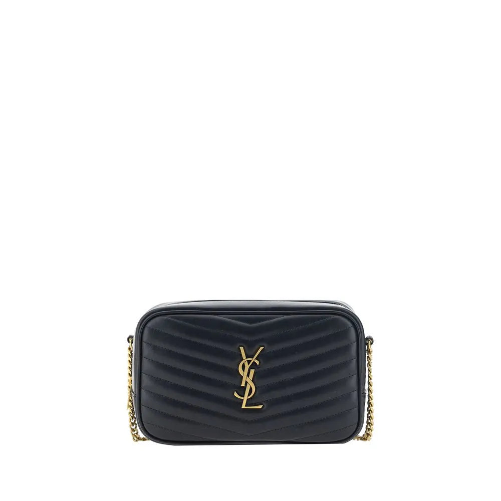 Black Saint Laurent Lou calf leather shoulder bag with chevron quilting, gold YSL logo, and chain strap.
