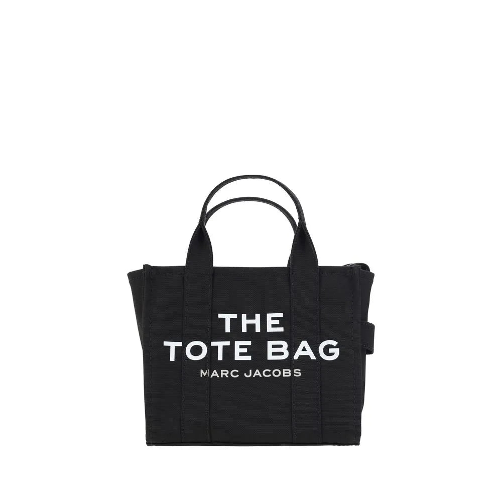 Black cotton Marc Jacobs The Tote Bag, small handbag with white logo print and two top handles.