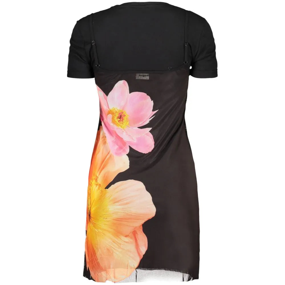 Black cotton women's dress with short sleeves and a slip-style skirt featuring vibrant pink and orange floral prints.
