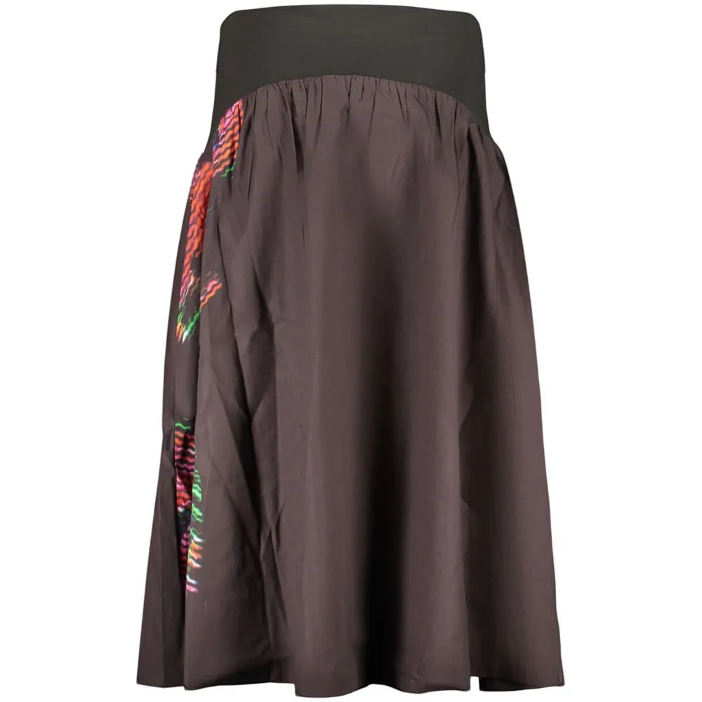 Black Desigual women's long cotton blend skirt featuring a wide waistband and vibrant multi-color streaked side print.