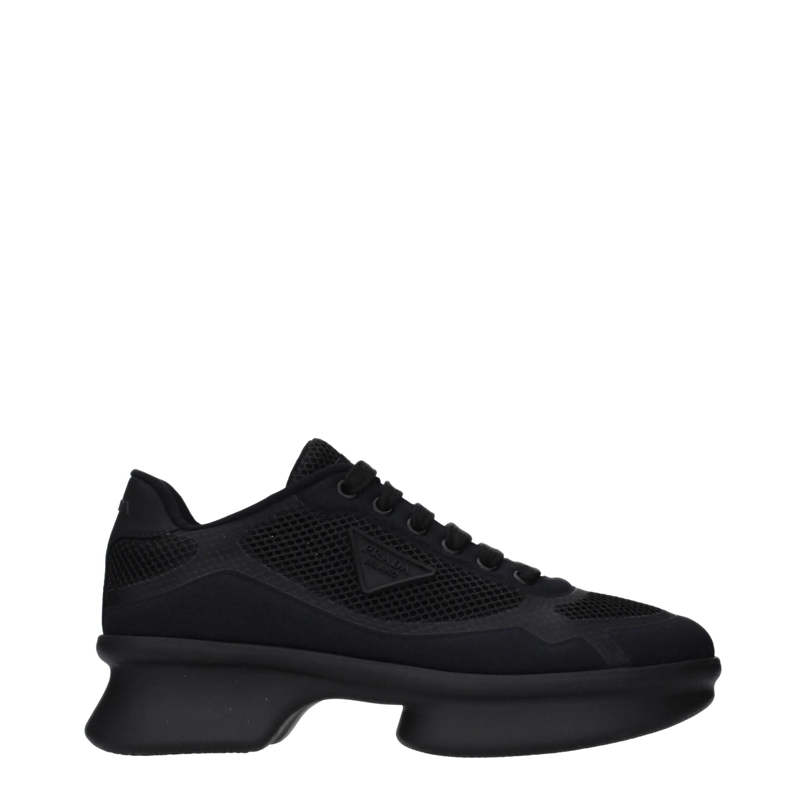 Black Prada fabric low top sneakers with mesh upper, side logo, and chunky sculpted sole.