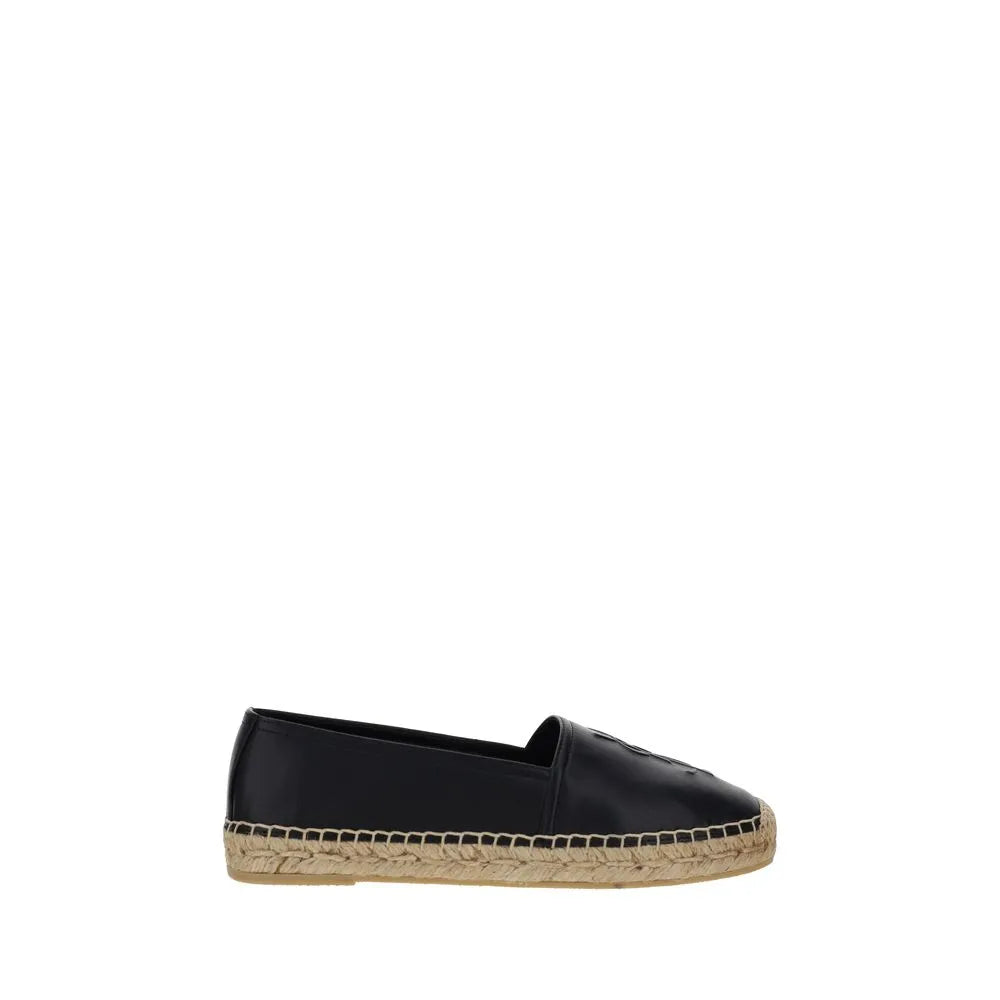 Black lambskin espadrille with rope sole and tone-on-tone Saint Laurent monogram.