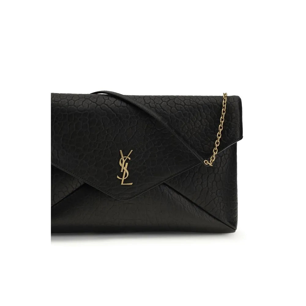 Elegant black textured lambskin Saint Laurent Cassandre shoulder bag with gold YSL logo and chain strap.