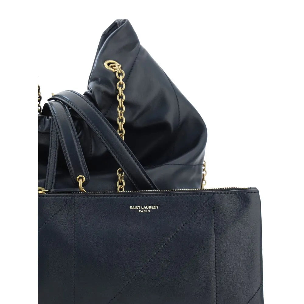 Saint Laurent black lambskin Pochon bucket bag with gold chain strap and quilted front detail.