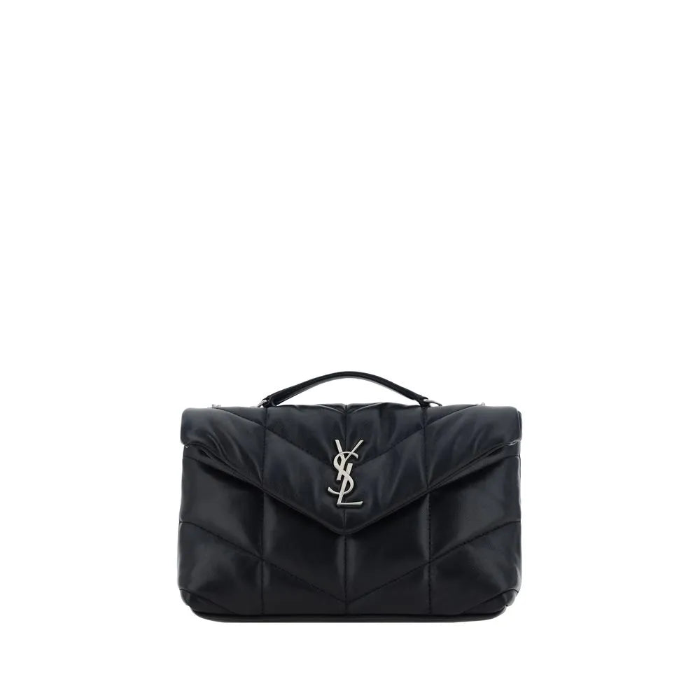 Black padded lambskin Saint Laurent mini shoulder bag with quilted chévron design, silver YSL logo, and top handle.