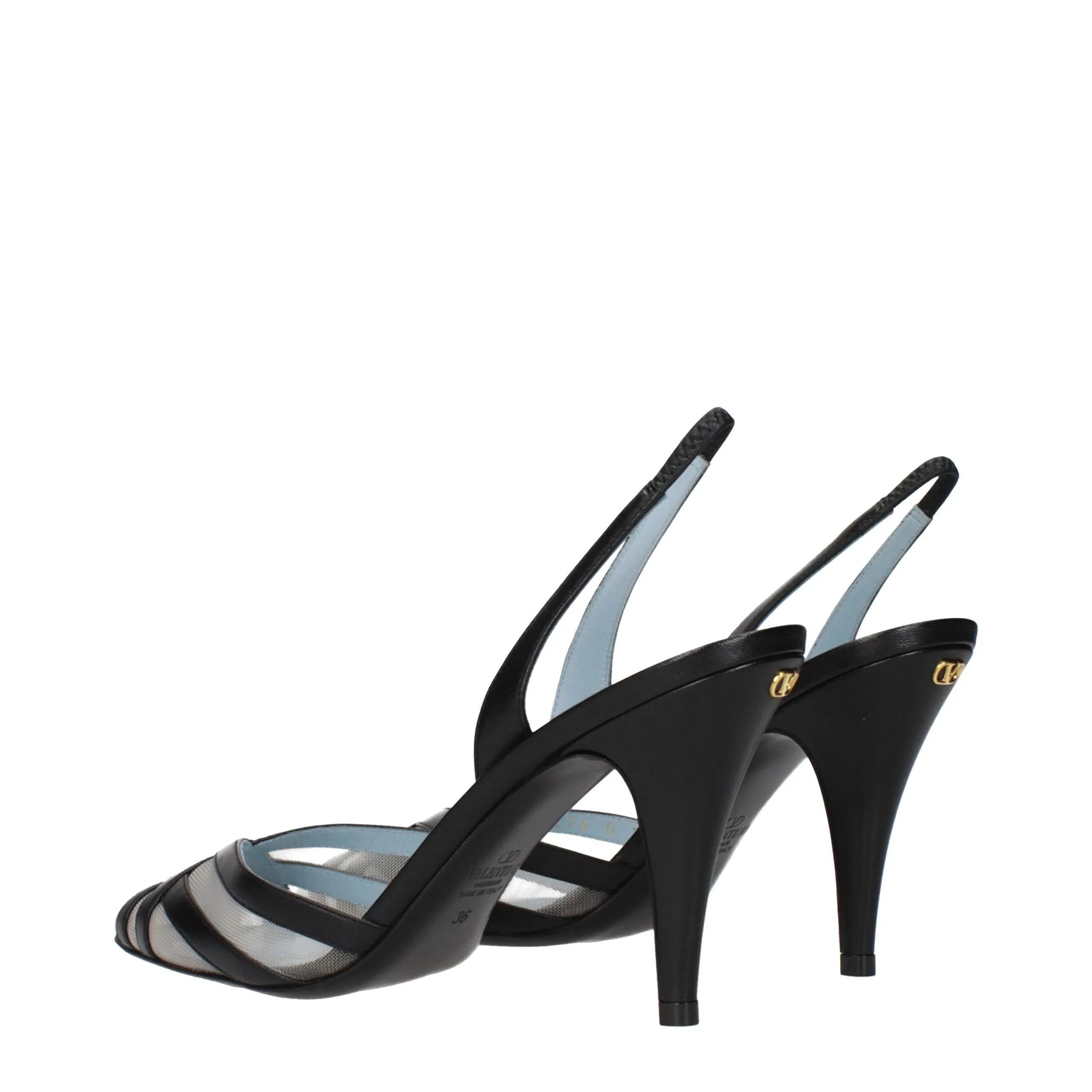 Black leather Valentino Garavani slingback pumps with sheer mesh front, pointy toe, 9cm high heel, and gold V logo.