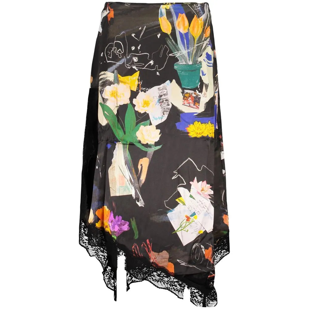 Black polyamide long skirt with a vibrant artistic pattern, asymmetrical hem, and black lace trim.