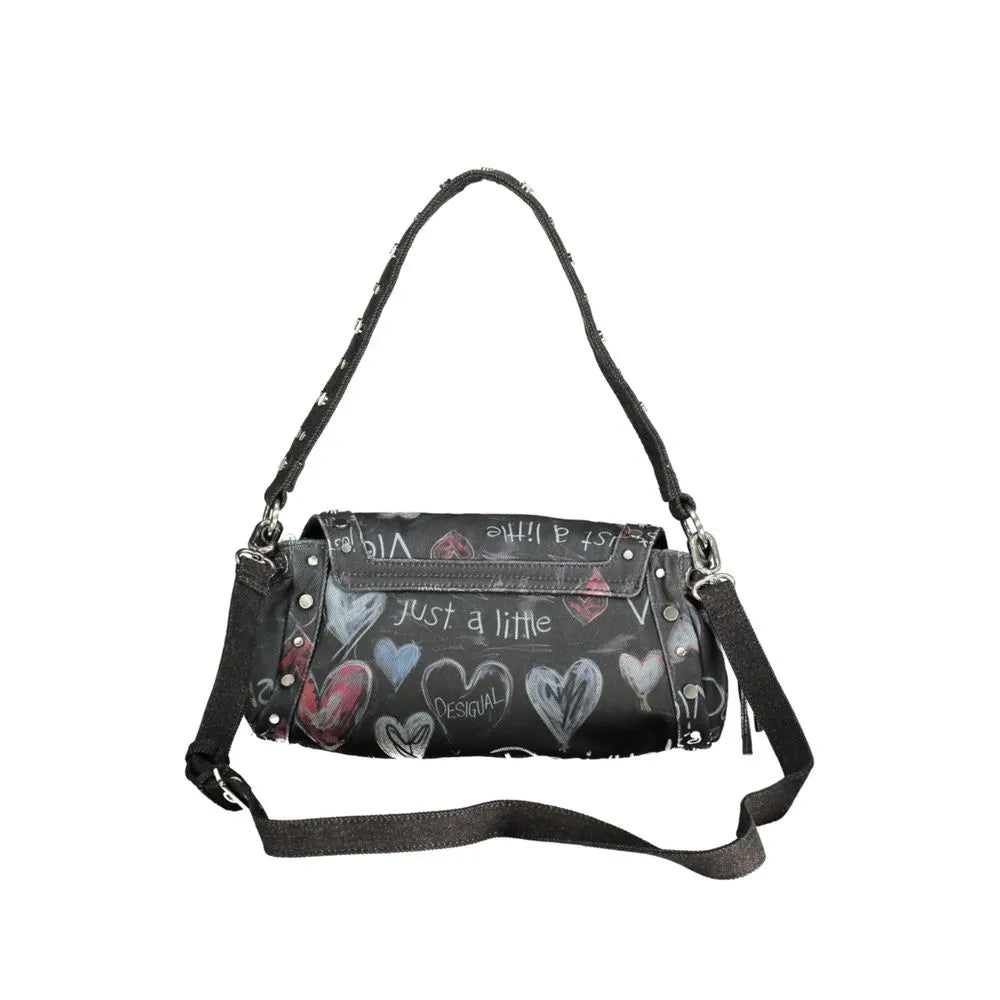 Black DESIGUAL Staccato women's shoulder bag with colorful heart print, studded handle, and adjustable crossbody strap.