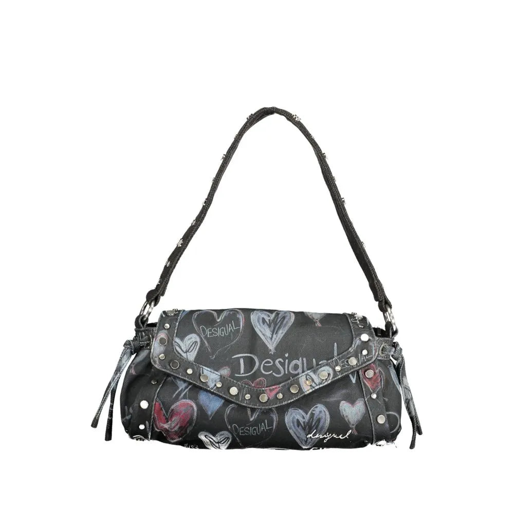 Black Desigual polyester shoulder bag with white, red, blue heart print, silver studs, and a dark studded strap.