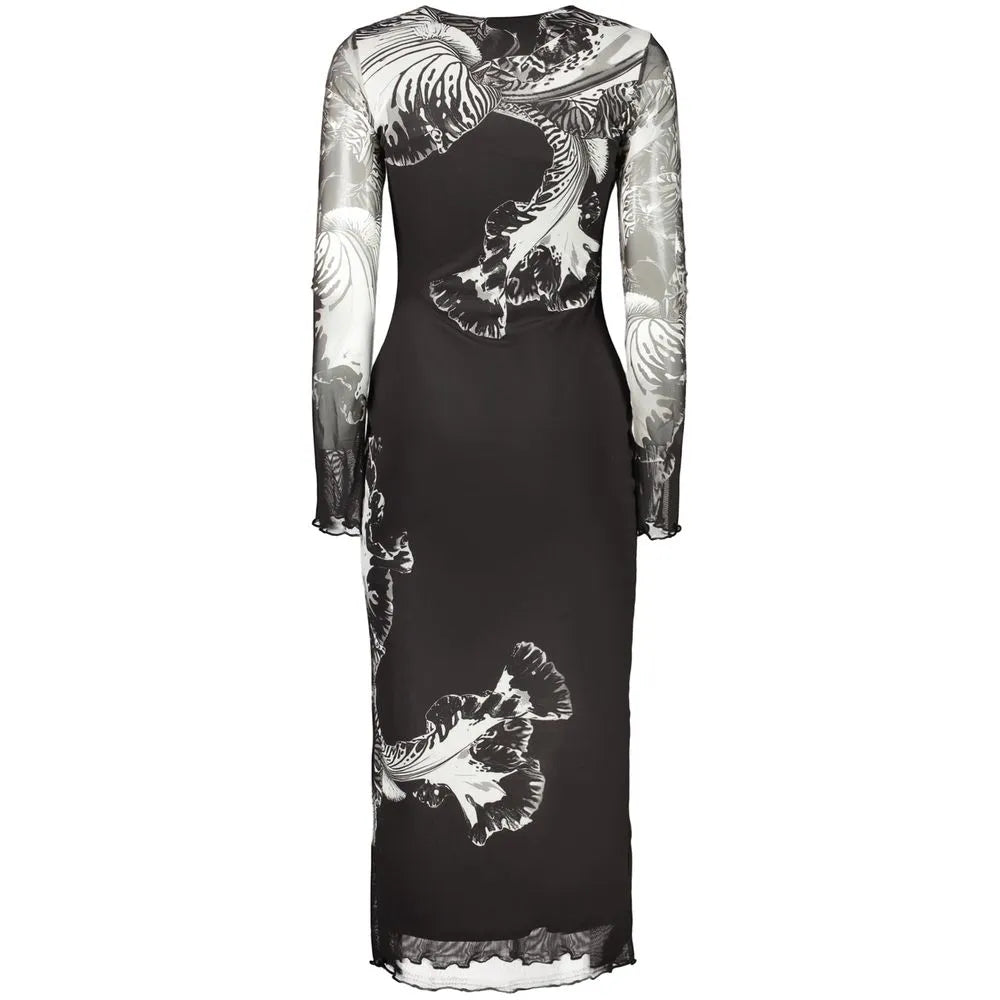 Black Desigual women's polyester dress with sheer patterned long sleeves and intricate black & white abstract print.